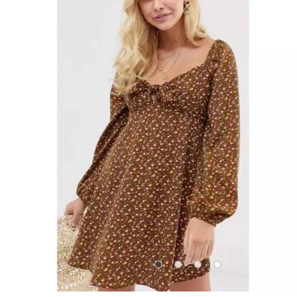 LE LIS Gilli Brown Floral Tie-Front Puff Sleeve Mini Dress Sz L
